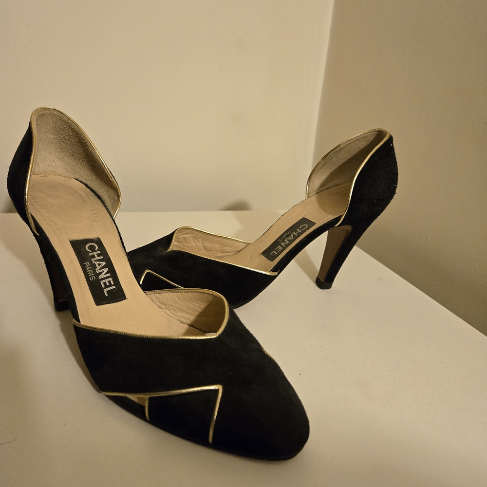 CHANEL Women's Heels in Black with Gold Trim